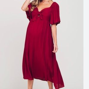 Burgundy Front Tie Ruffle Sleeve Maternity Midi Dress